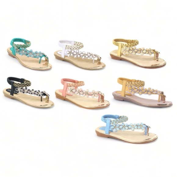 Italina Tan Floral Gold Metallic Braided Rhinestone Low Heeled Sandal - Picture 7 of 7